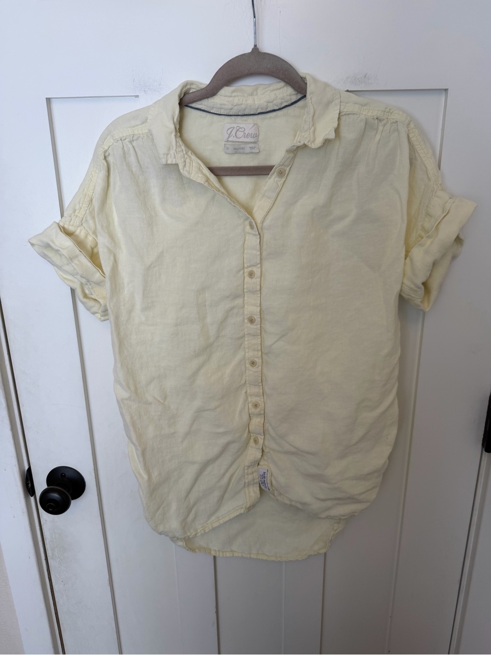 J.Crew short-sleeve button-down shirt butter yellow Baird McNutt Irish Linen S T